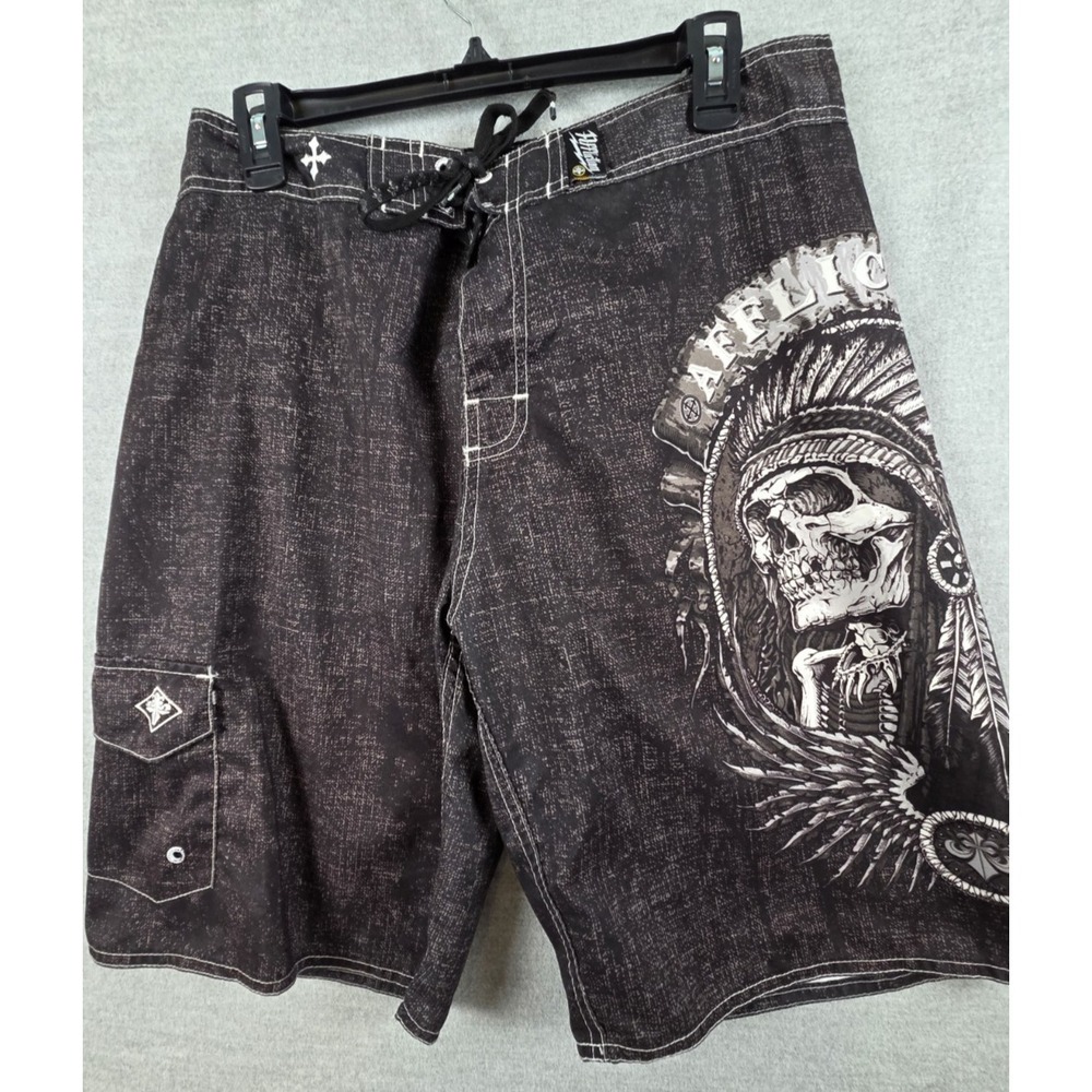 Affliction THUNDERFOOT Boardshorts Swim Trunks 34 Black Tie Waist Gothic Grunge